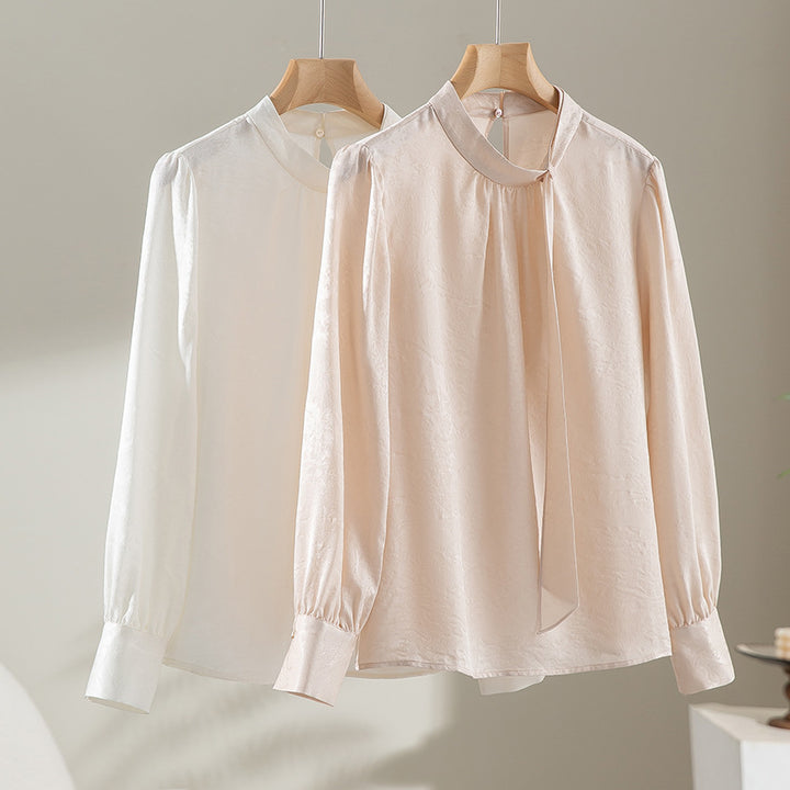 Women Elegant Satin Blouse with Knot and Fine Jacquard Structure Mune Fashion