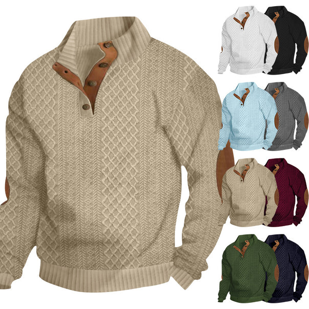 Men's chunky cable knit Troyer with button placket and suede elbow patches Mune Fashion