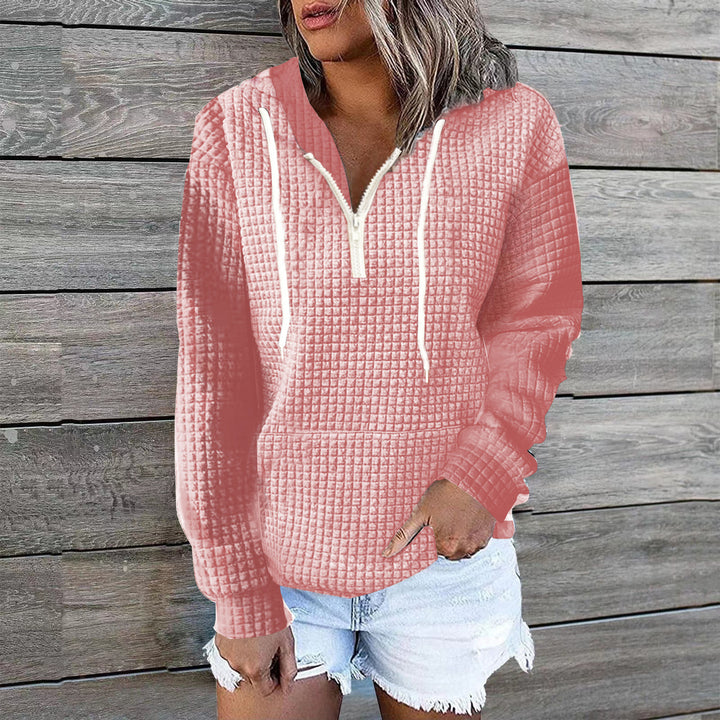 Women's waffle texture hoodie with half zip, kangaroo pocket, and casual oversized cut Mune Fashion