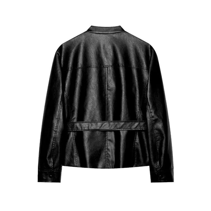 Women Cropped Safari Jacket made of vegan leather with tying belt and epaulettes Mune Fashion