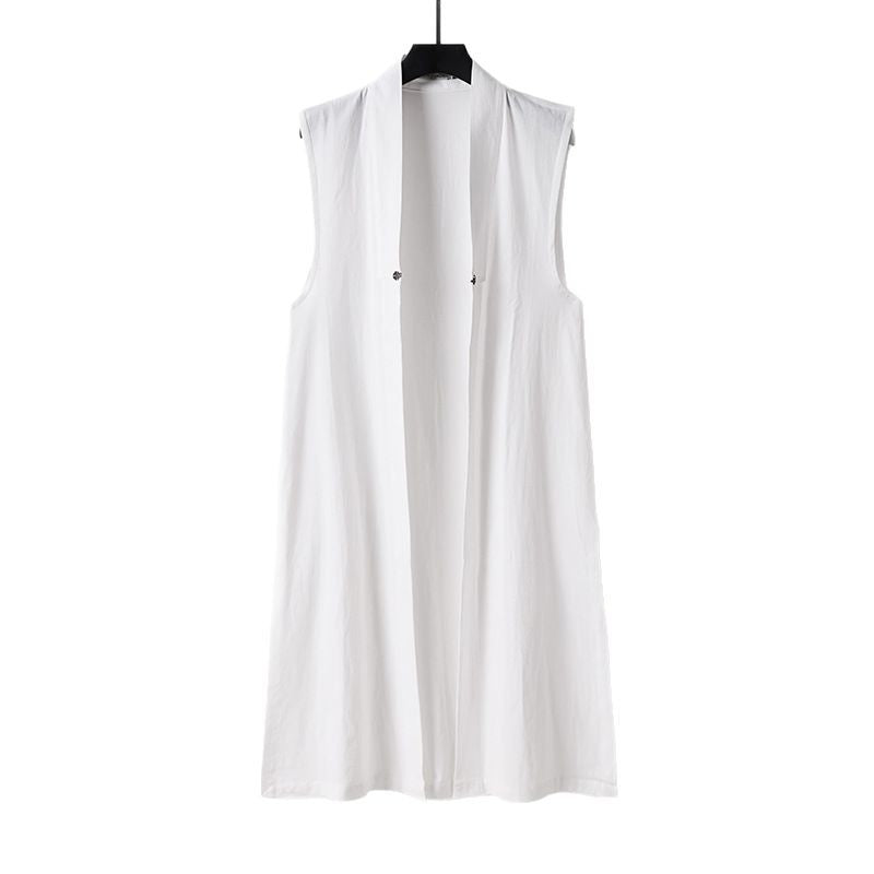 Women's Long Sleeveless Kimono Vest made of Linen Blend with Narrow Shawl Collar and Decorative Toggle Closure Mune Fashion