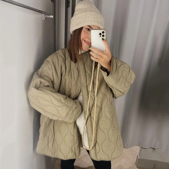 Women’s Longline Padded Jacket with Oversized Silhouette and Snap Button Closure Mune Fashion