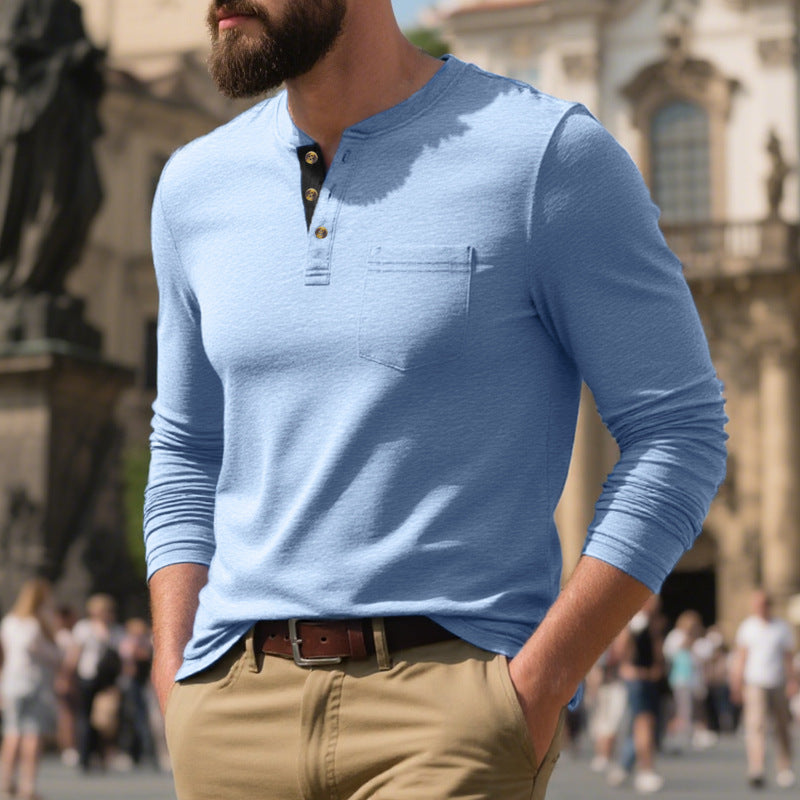 Men's narrow cut Henley shirt with breast pocket and contrasting button placket Mune Fashion