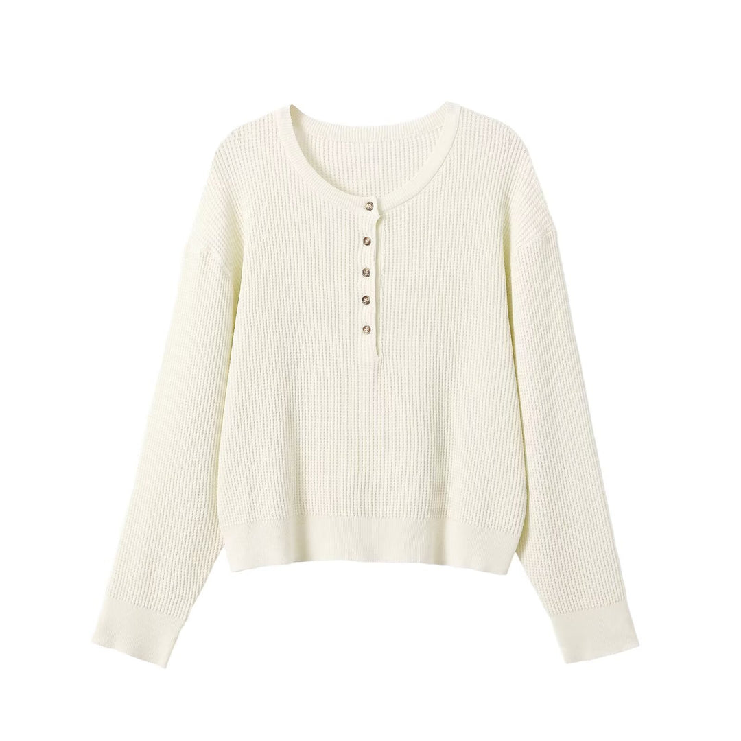 Women Thick Knit Waffle Knit Sweater with Henley Placket Mune Fashion