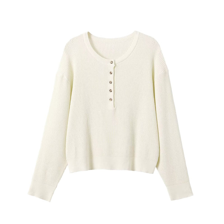 Women Thick Knit Waffle Knit Sweater with Henley Placket Mune Fashion