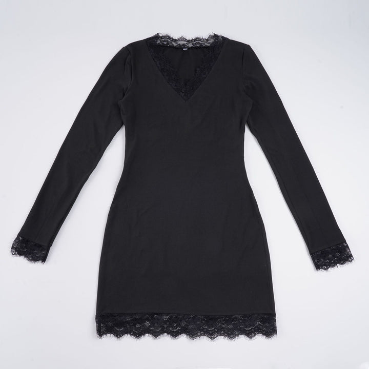 Women's form-fitting long sleeve midi dress with deep V-neck and floral lace trim Mune Fashion