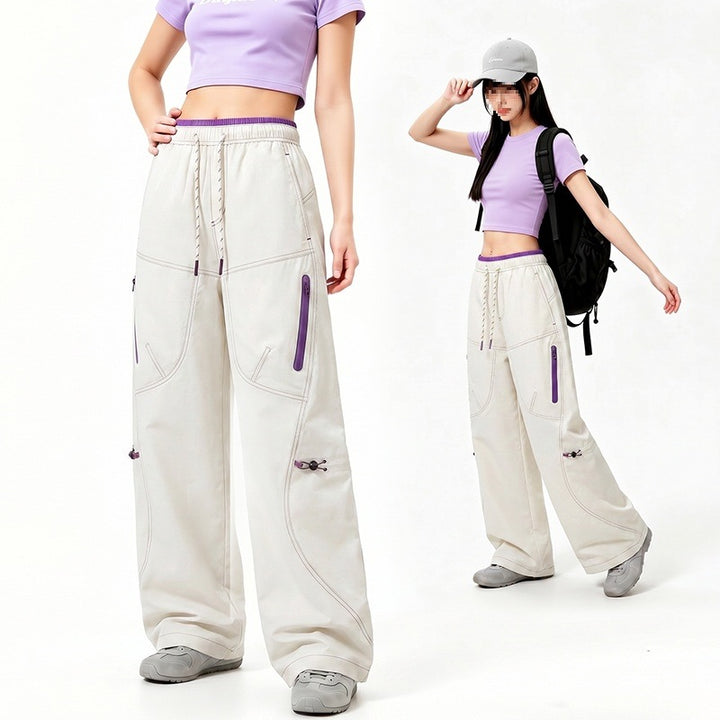 Women's Oversize Tech Lounge Pants with Contrast Seams, Reflective Zipper Pockets & Drawstring Waist Mune Fashion