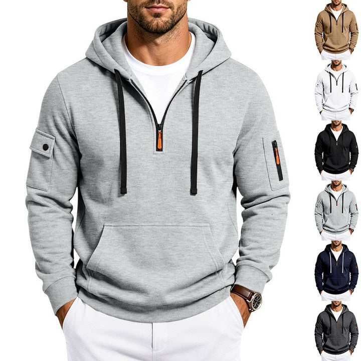 Men's Hoodie with Half Zip, Utility Arm Pockets and Kangaroo Pocket Mune Fashion