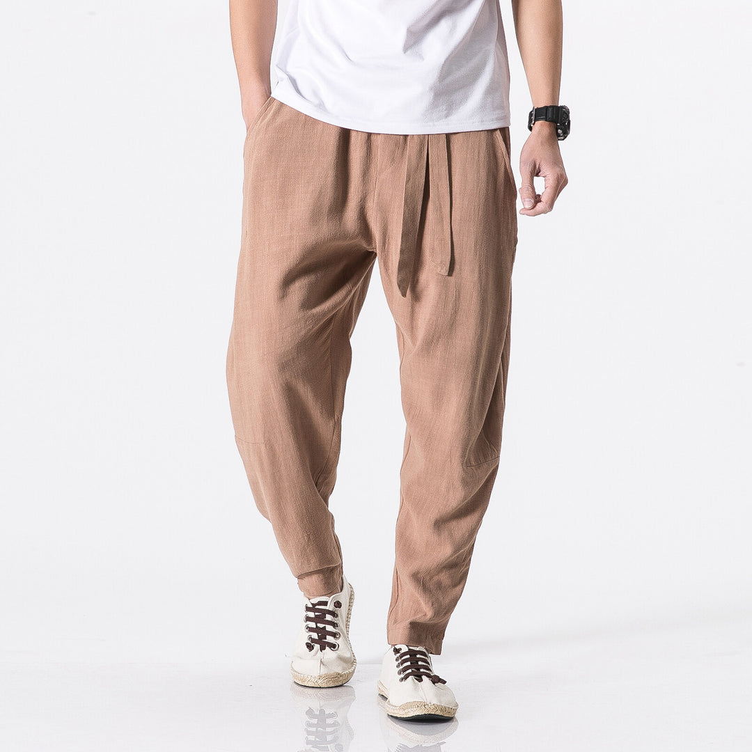 Men's relaxed linen-cotton harem jogger pants with concealed drawstring and tapered leg Mune Fashion
