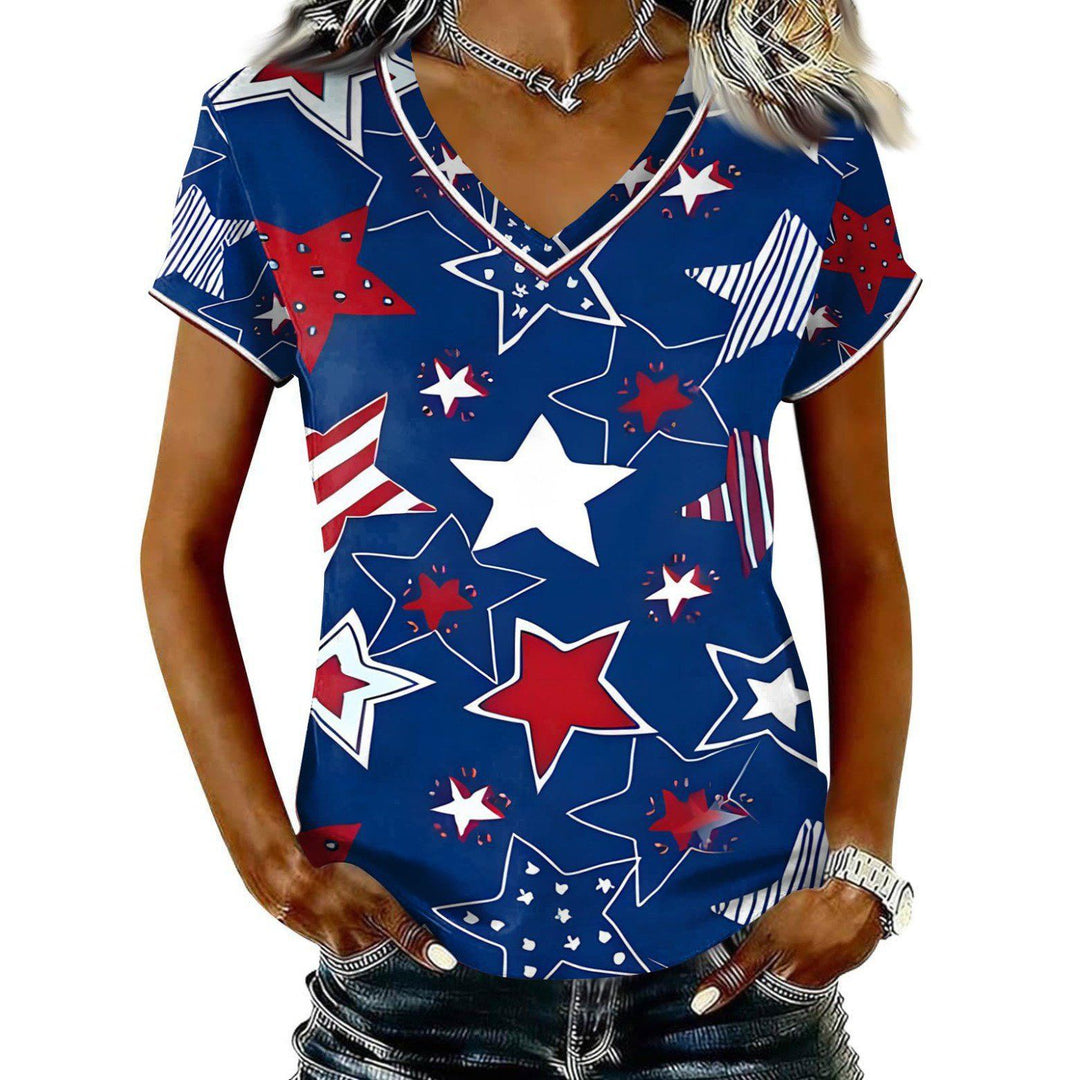 Women’s V-neck Retro Print T-shirt with Eagle Emblem and vintage-inspired Graphic Mune Fashion