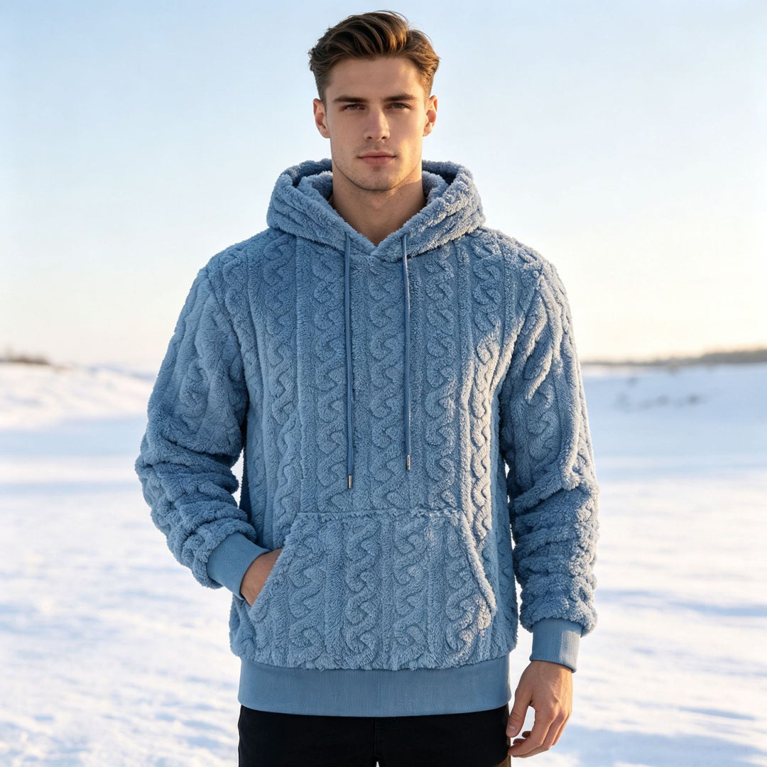 Men's Sherpa Hoodie with Cable Knit Pattern, Kangaroo Pocket and Ribbed Cuffs Mune Fashion
