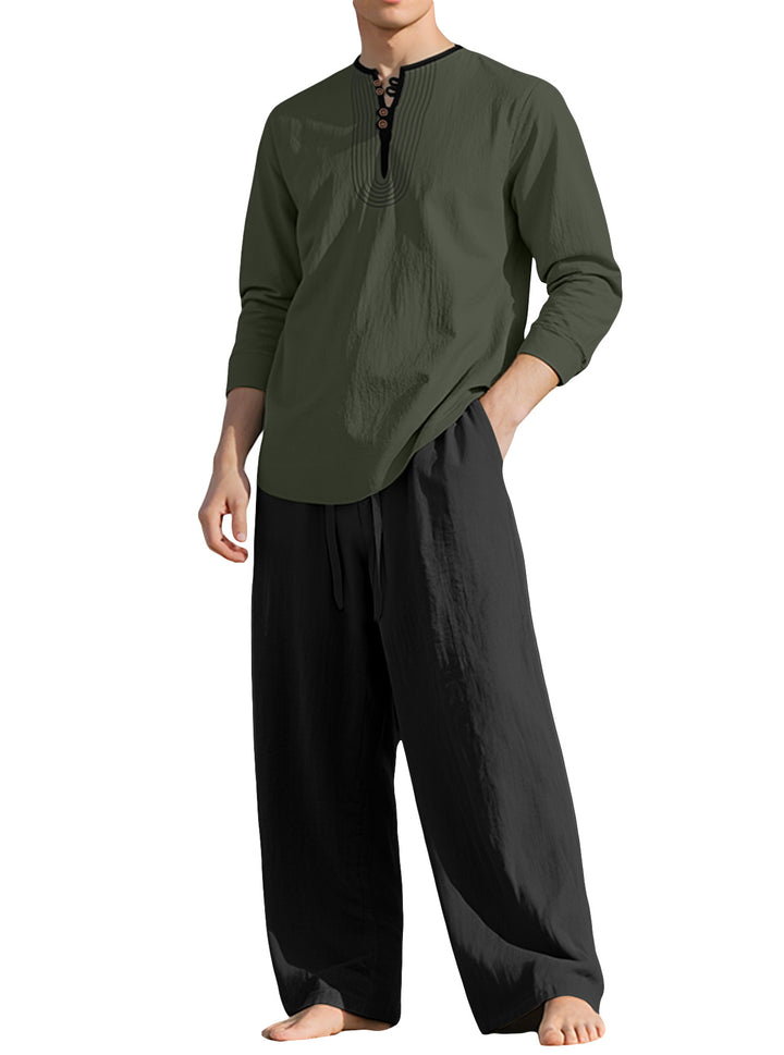 Men's tunic and Palazzo pants set with Henley placket, decorative embroidery and wide cut Mune Fashion