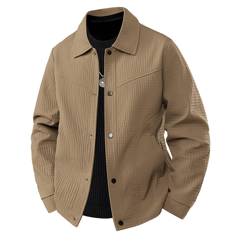 Men's Light Transitional Jacket in Worker Style with Microstructured Twill Look and Snap Button Placket Mune Fashion