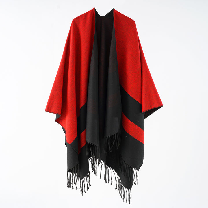 Ladies multifunctional fringe wrap poncho made of wool blend with double-layered drape