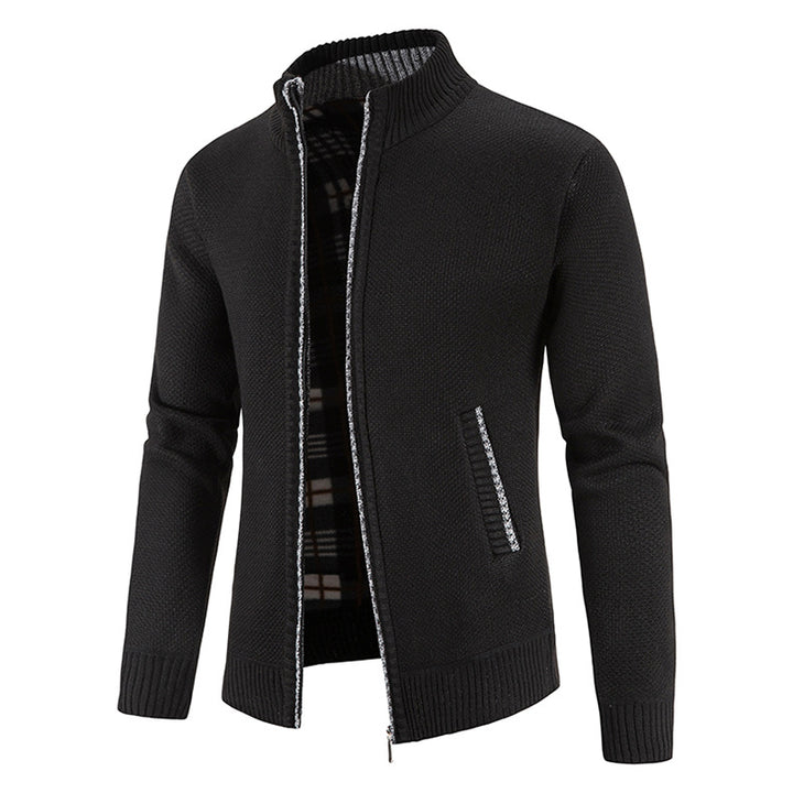 Men's knitted cardigan with full zip, stand-up collar and checkered lining Mune Fashion