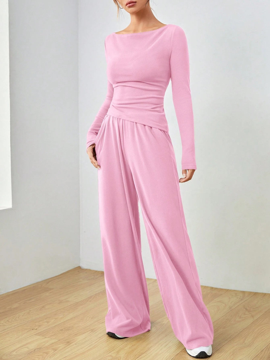 Women's Casual Two-Piece Lounge Set with Boat Neck, Tailored Draping and Wide Palazzo Pants Mune Fashion
