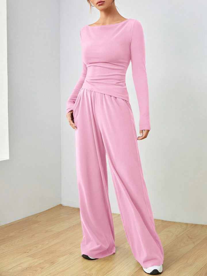 Women's Casual Two-Piece Lounge Set with Boat Neck, Tailored Draping and Wide Palazzo Pants Mune Fashion