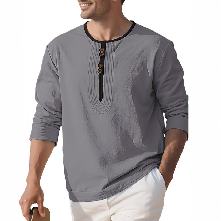 Men's loosely cut long sleeve kurta top with decorative pleats and wooden button placket Mune Fashion