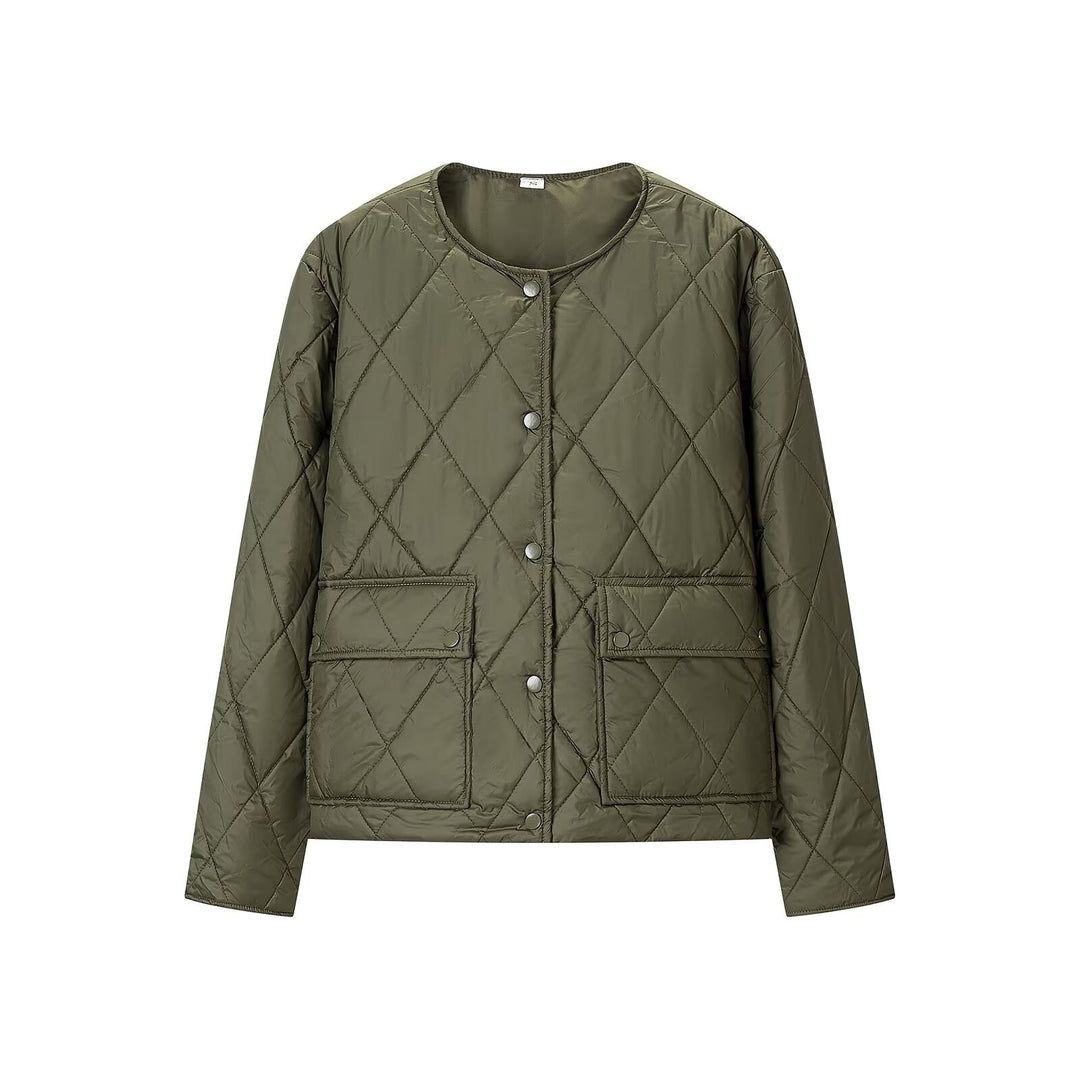 Women's quilted jacket without collar with snap button closure and patch pockets Mune Fashion