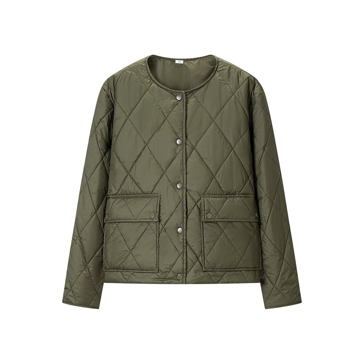 Women's quilted jacket without collar with snap button closure and patch pockets Mune Fashion