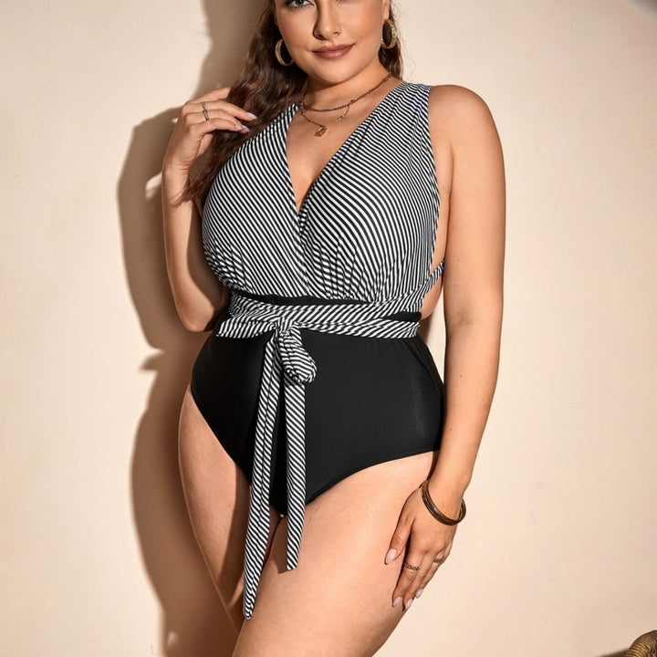Women one-piece swimsuit with wrap design and stylish stripe pattern Mune Fashion