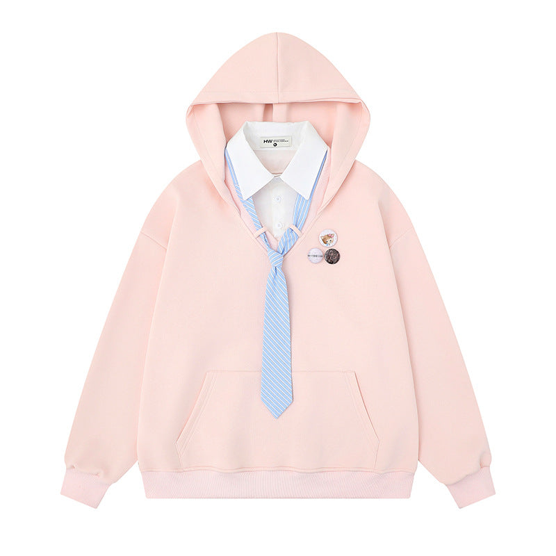 Women's hooded sweatshirt with inset shirt collar and pre-tied tie application Mune Fashion
