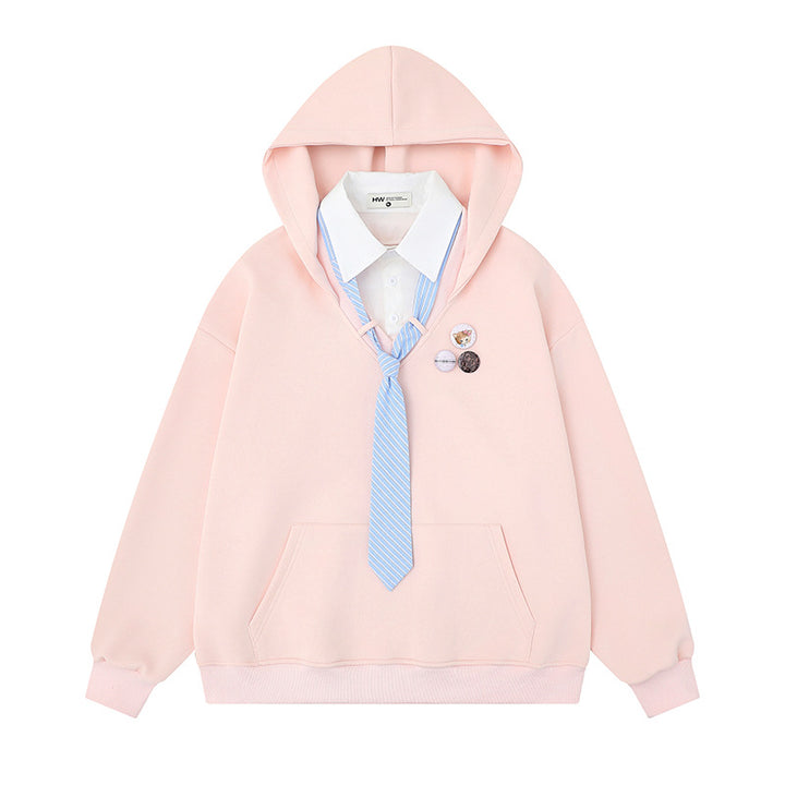 Women's hooded sweatshirt with inset shirt collar and pre-tied tie application Mune Fashion