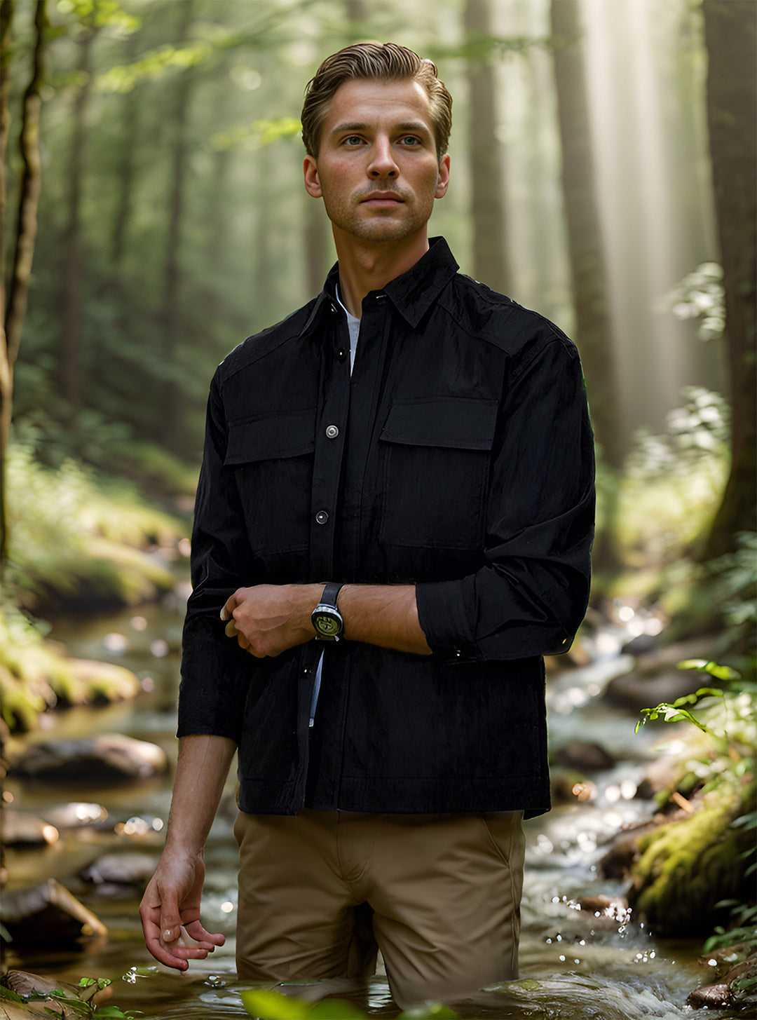 Men's Lightweight Field Overshirt with Patch Chest Pockets and Shirt Collar Mune Fashion