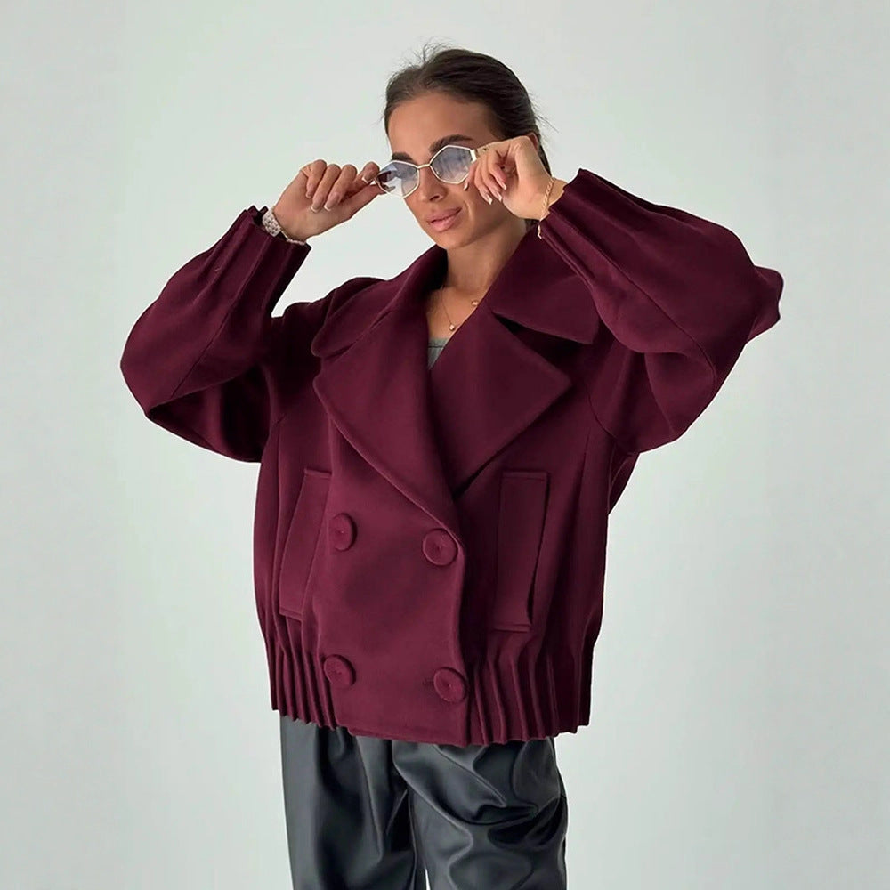 Women's Short Boxy Wool Coat with Oversized Shawl Collar, Double Button Placket and Ribbed Cuff Mune Fashion
