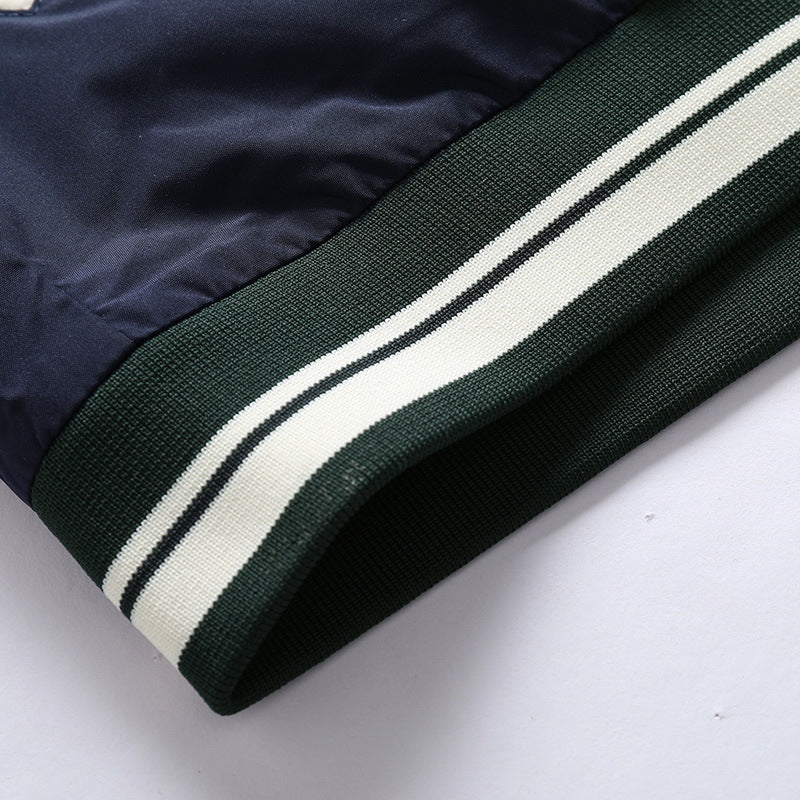 Men's varsity bomber jacket in retro college style with contrast sleeves and striped ribbed cuffs Mune Fashion