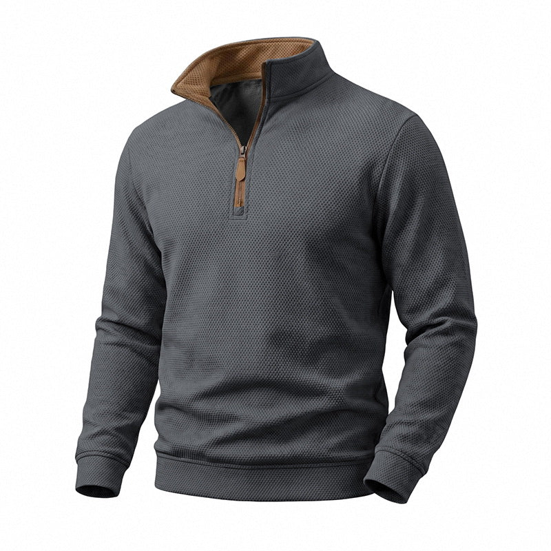 Men's waffle structure half-zip sweatshirt with stand collar, contrast lining, and leather zipper Mune Fashion