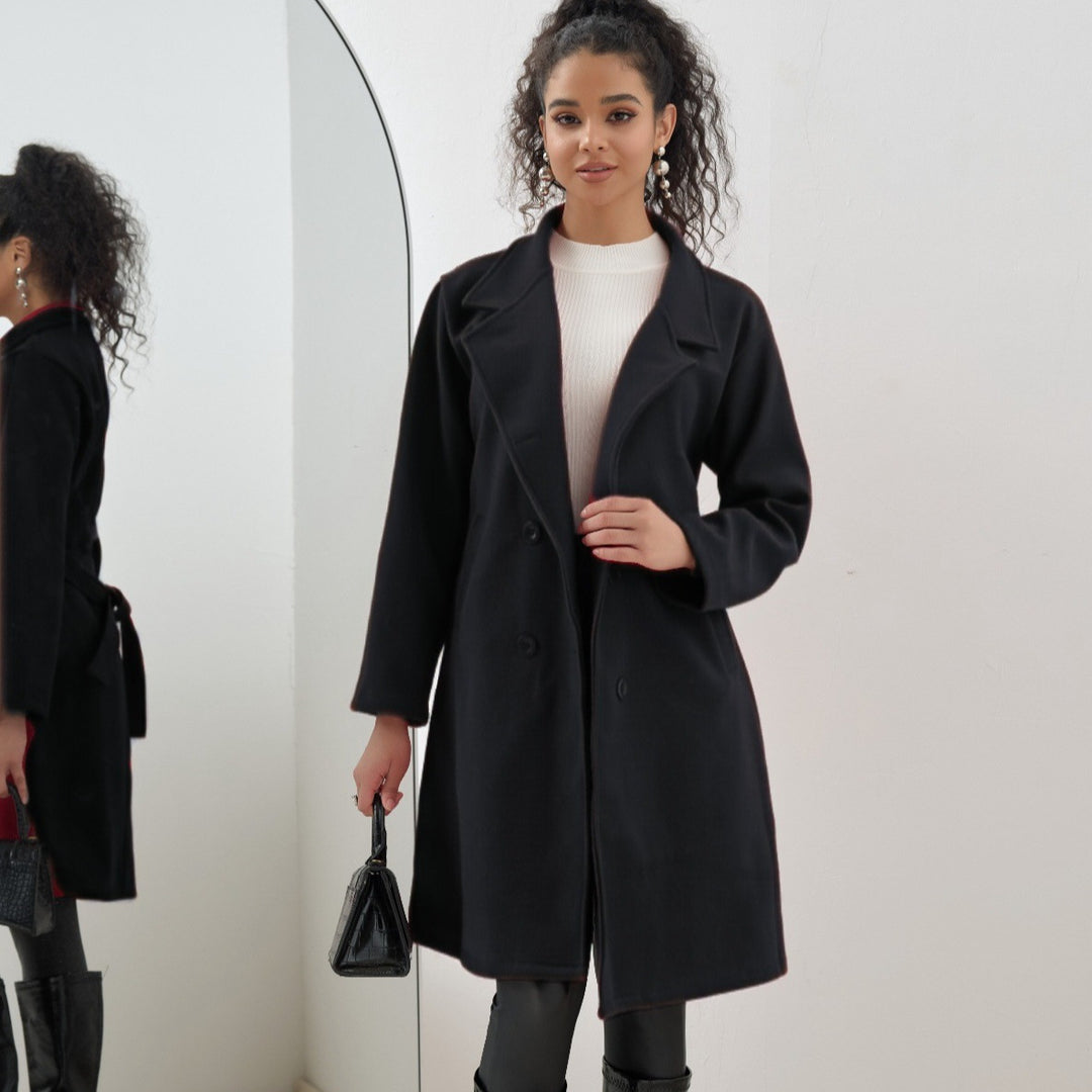 Ladies Elegant Knee-Length Double-Breasted Wool Blend Coat with Notched Lapel Mune Fashion
