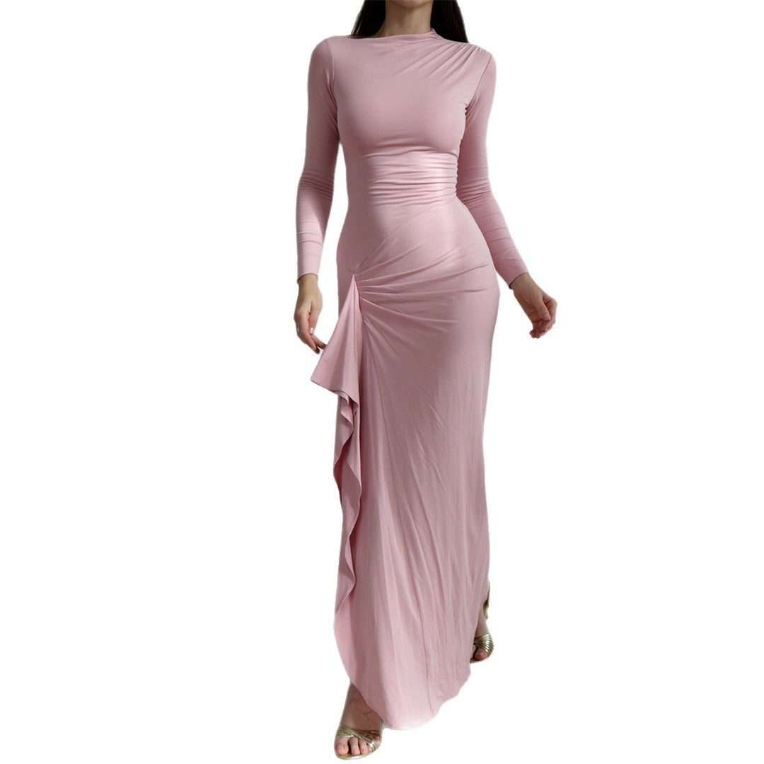 Women's ruffled maxi dress with long sleeves, waist-defining stretch fit and side ruffle detail Mune Fashion