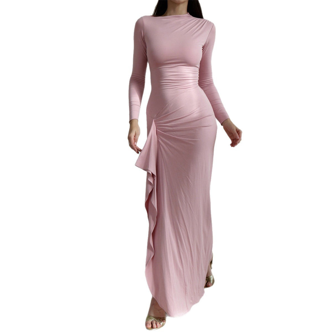 Women's ruffled maxi dress with long sleeves, waist-defining stretch fit and side ruffle detail Mune Fashion