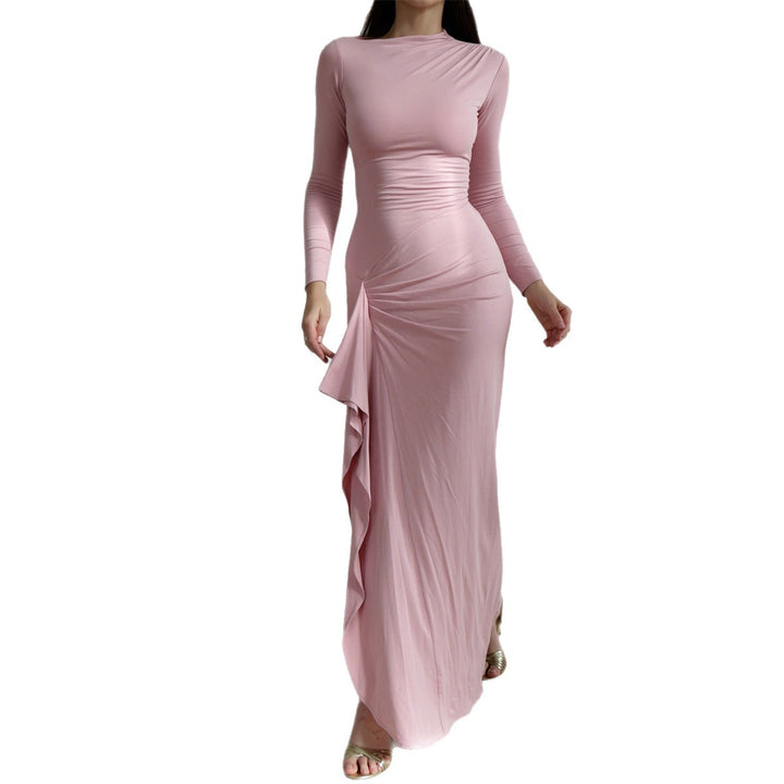 Women's ruffled maxi dress with long sleeves, waist-defining stretch fit and side ruffle detail Mune Fashion