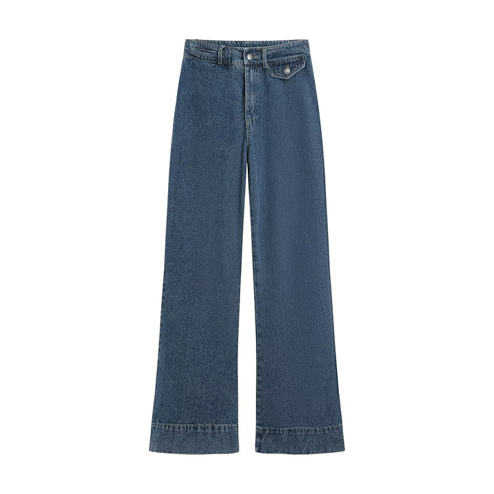 Women's denim set consisting of boxy jacket with stand collar and high-cut flared trousers Drune