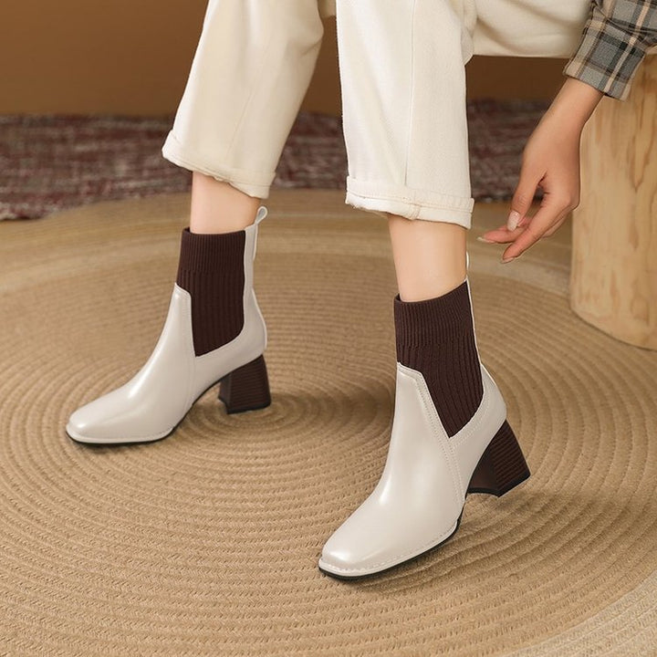Women Elegant Chunky Ankle Boots with Knit Insert Mune Fashion