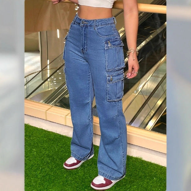 Women's Cargo Denim Pants with Wide Leg, High Waist & Multifunctional Flap Pockets Mune Fashion