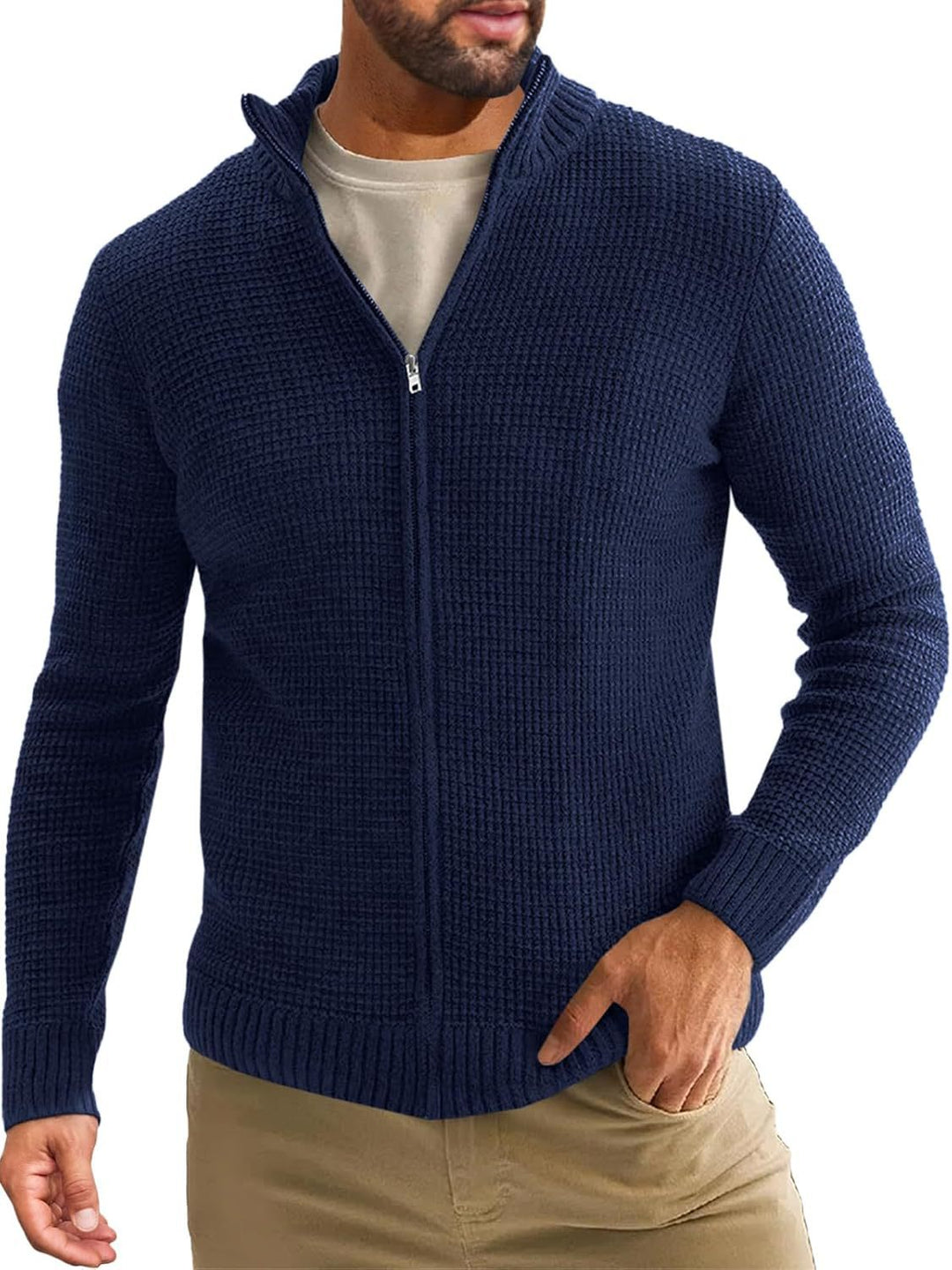 Men's Zip-Up Cardigan with Waffle Texture and Stand-Up Collar Mune Fashion