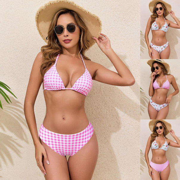 Women's triangle bikini with floral pattern and checked panties Mune Fashion