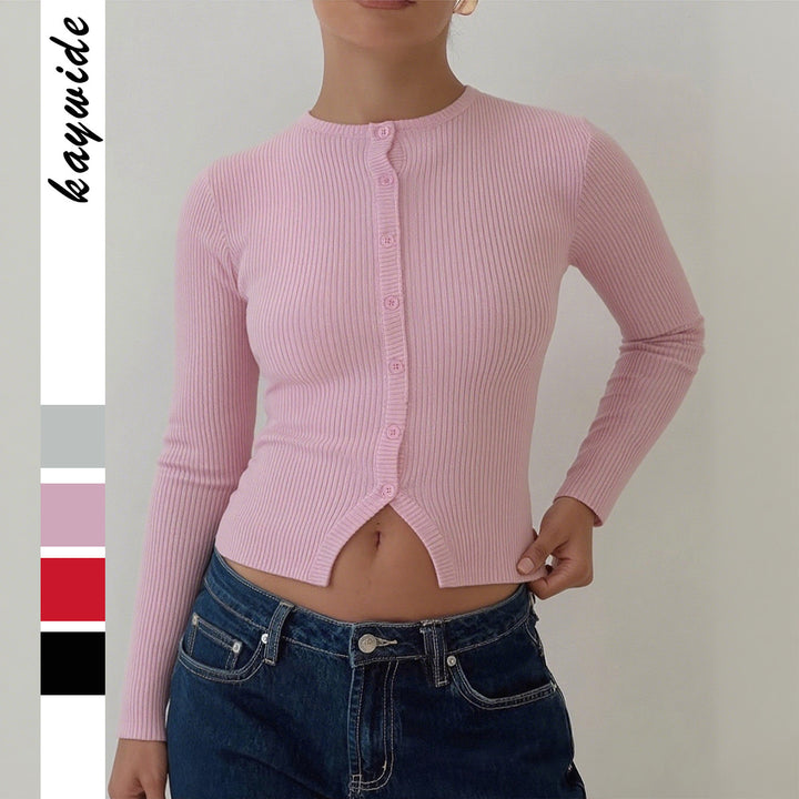 Women’s short ribbed button cardigan with round neckline, fitted cut and stretch content Mune Fashion