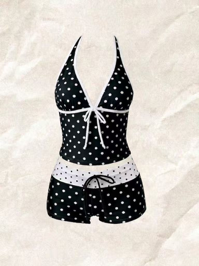Women's tankini with fashionable polka dot pattern and adjustable halter Mune Fashion