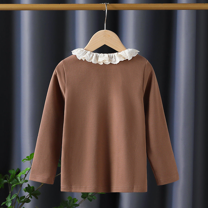 Girl Long Sleeve Shirt with Ruffled Collar and Charming Application Detail Mune Fashion