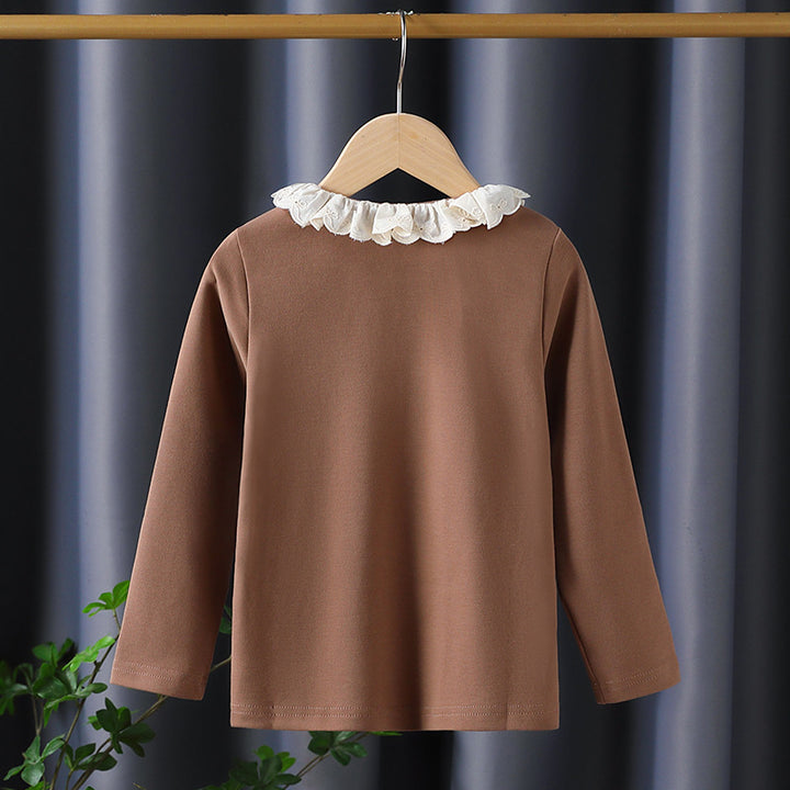 Girl Long Sleeve Shirt with Ruffled Collar and Charming Application Detail Mune Fashion