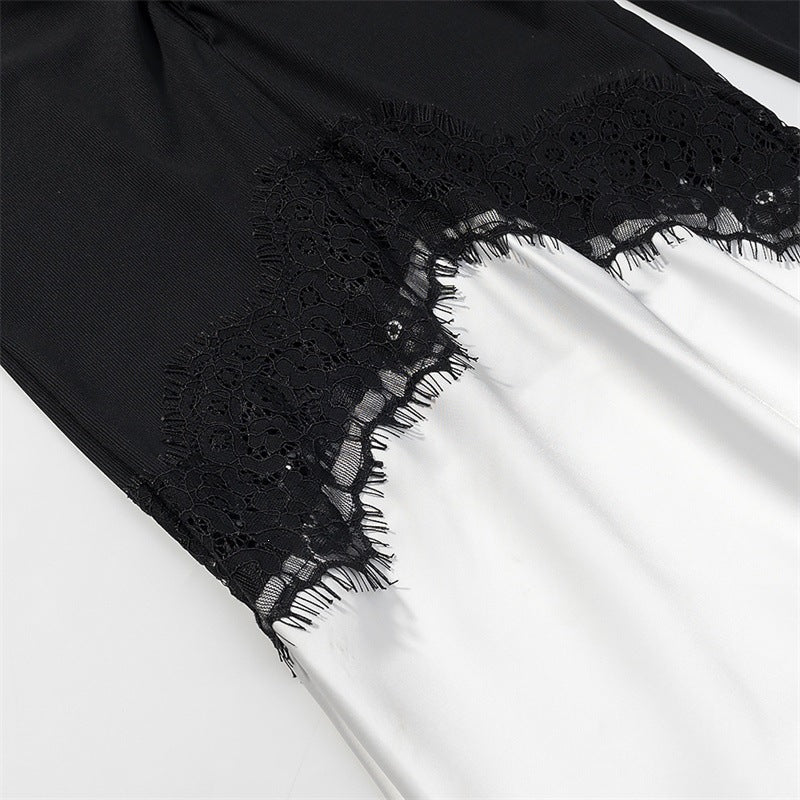 Women Two-tone Maxi Dress with Gathered V Yoke, Lace Trim and Long Sleeves Mune Fashion