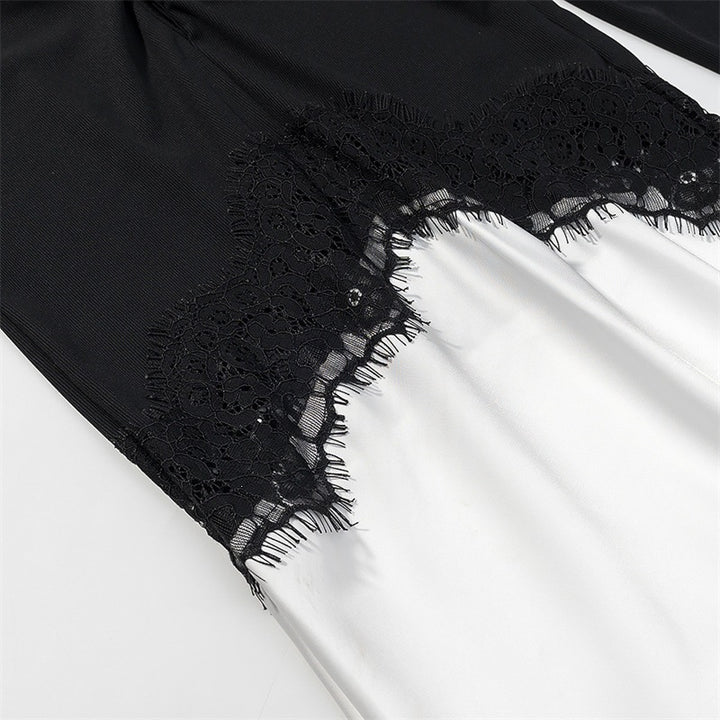 Women Two-tone Maxi Dress with Gathered V Yoke, Lace Trim and Long Sleeves Mune Fashion