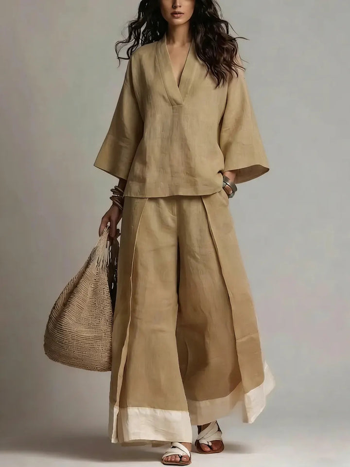 Women's linen two-piece set with wide palazzo pants V-neck and contrasting hem Mune Fashion