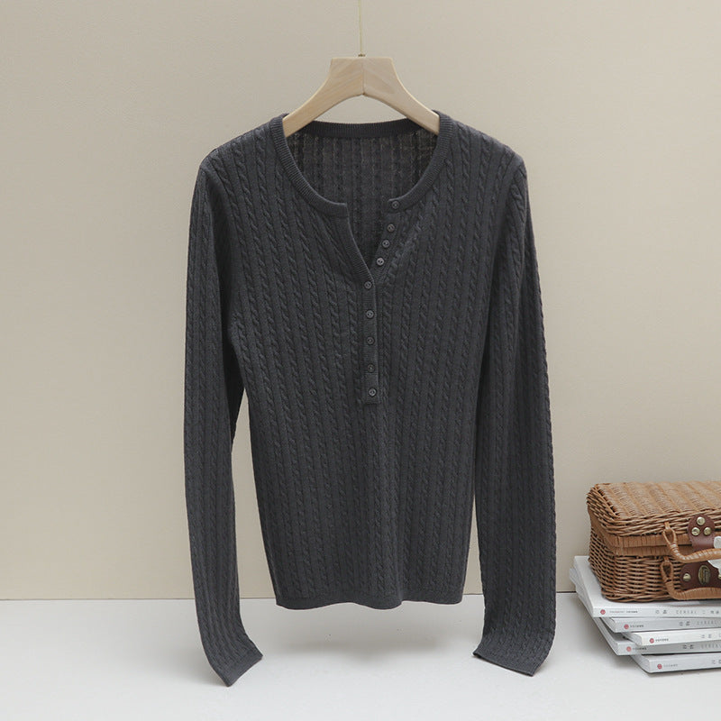 Women's Fine Cable Pattern Henley Fine Knit Shirt with Round Neck & Button Placket Mune Fashion