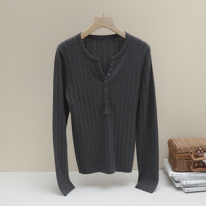 Women's Fine Cable Pattern Henley Fine Knit Shirt with Round Neck & Button Placket Mune Fashion