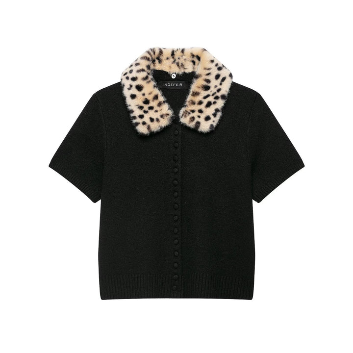 Women's short-sleeved fine knit cardigan with detachable faux fur collar in leopard print Mune Fashion